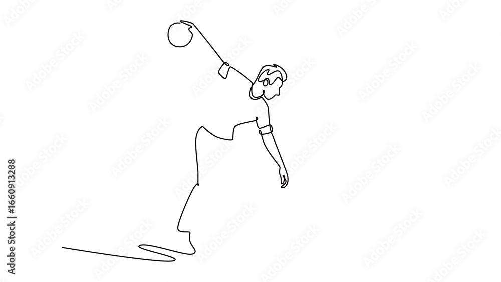 Poster animated self drawing of continuous line draw features young man bowling athlete mid-swing, represen
