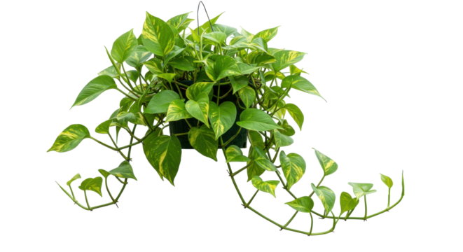 Lush green pothos plant cascading elegantly from a hanging pot isolated on white background