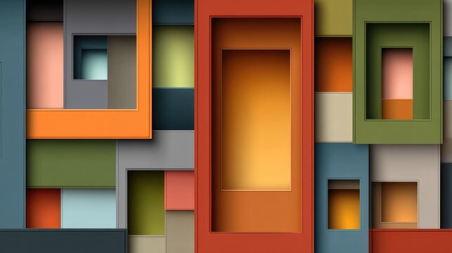 Abstract geometric composition of layered colorful rectangles and squares