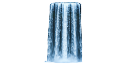 Scenic waterfall isolated on white background cascading from rocky cliffs with mist and green foliage