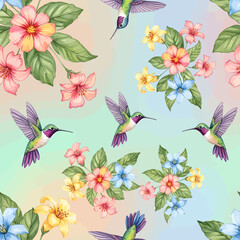 Seamless watercolor pattern featuring vibrant hummingbirds and colorful tropical flowers on a soft pastel gradient background © Rashedul Islam