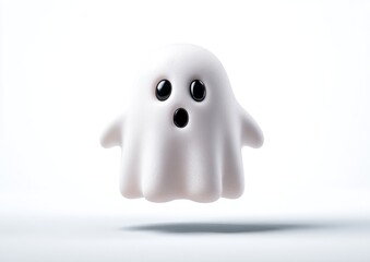 A cute, small, white ghost floats against a white background, casting a small shadow
