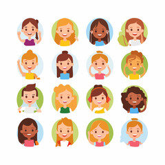 Diverse Cartoon Children Faces in Circular Frames