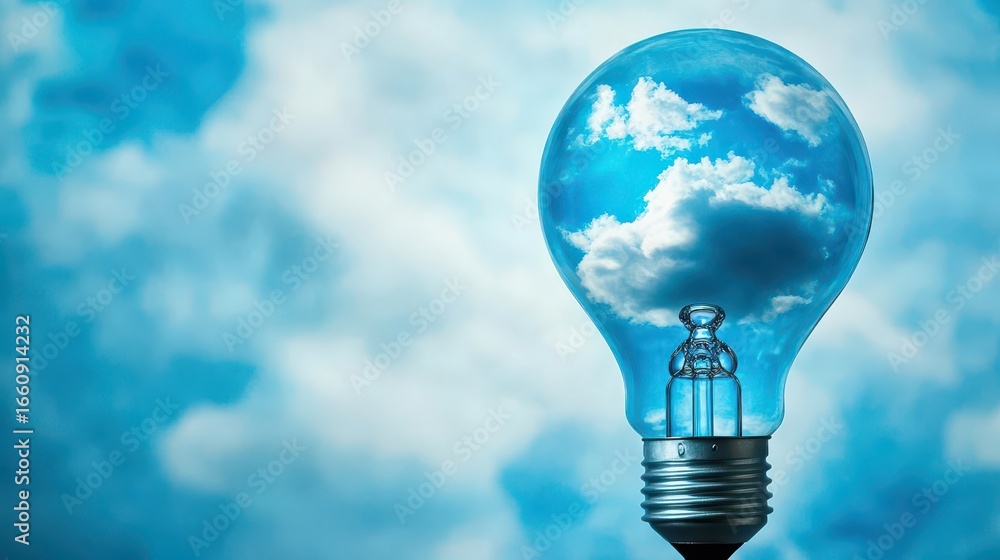 Aufkleber creative conceptual image of a transparent lightbulb reflecting clouds and sky with a person inside 