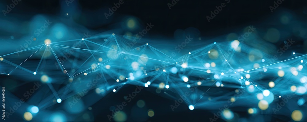 Aufkleber exploring aerial views of abstract blue digital networks in a connected virtual graphic design space