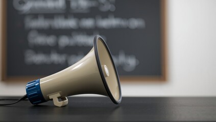 A beige and blue megaphone on a table in front of chalkboard