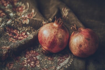 Two pomegranates resting on a textured, floral-patterned, draping fabric
