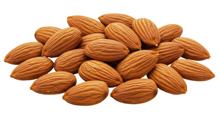 Close-up of a pile of raw almonds isolated on white background showcasing their texture and natural color