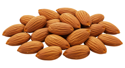Close-up of a pile of raw almonds isolated on white background showcasing their texture and natural color