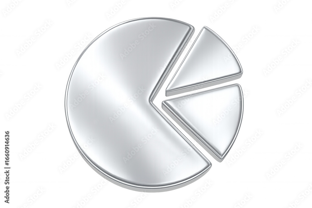Poster metallic pie chart segments breaking apart, visualizing statistical data, market insights against tr