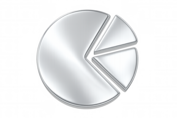 Metallic pie chart segments breaking apart, visualizing statistical data, market insights against transparent backdrop