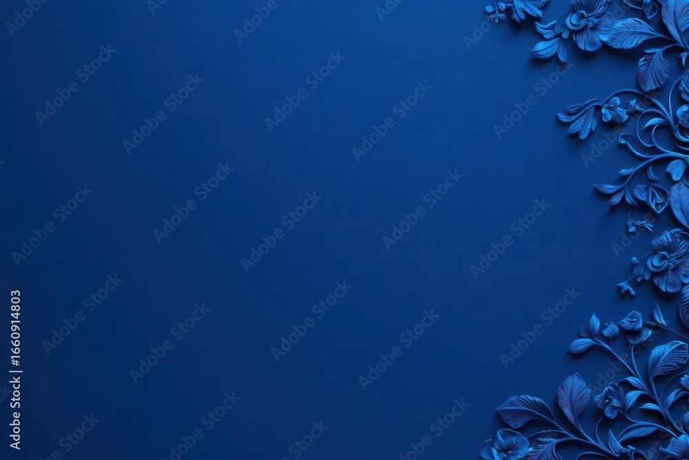 Poster blue background with intricate floral paper cutouts in the top right corner creating a stylish elega