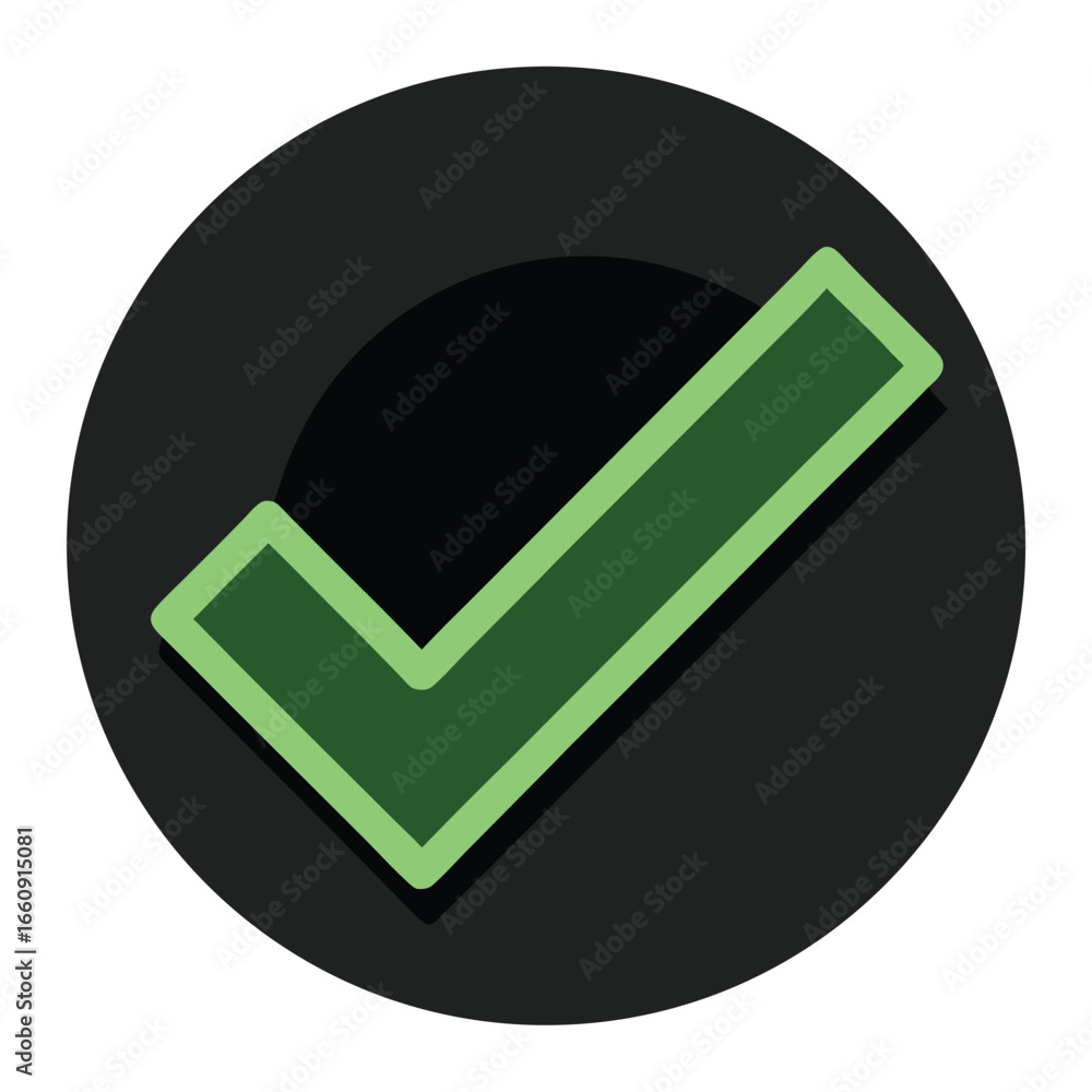 Poster green check mark with shadow on dark circle background tick correct