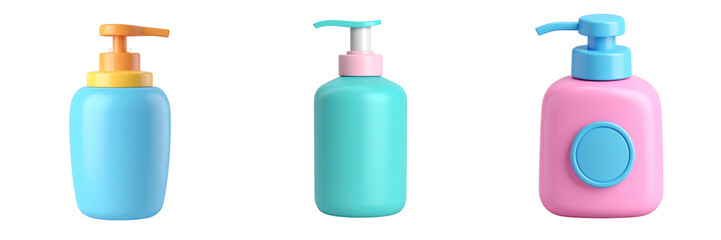 Obraz premium Colorful Soap Dispenser Bottles Set Against Transparent Background With Blue Pink And Orange Accents