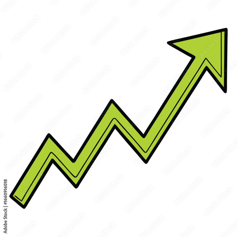 Poster green upward trending arrow with zigzag pattern and black outline vector illustration
