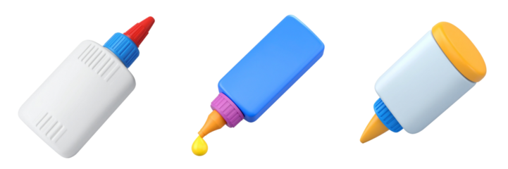 Three Glue Bottles In Varying Colors With A Yellow Drop Against A Transparent Background