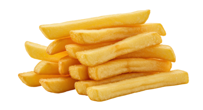 Freshly cooked golden French fries stacked isolated on white background ready to serve