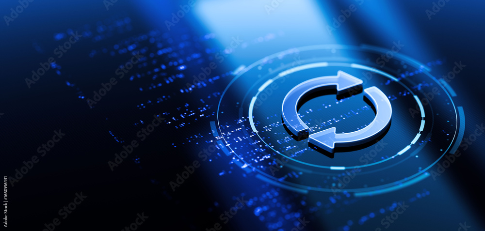 Aufkleber modern digital refresh icon symbolizing data update and system renewal with glowing blue circuits.