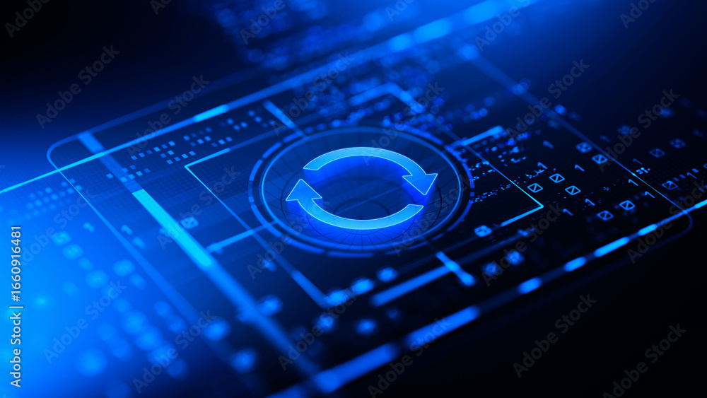 Aufkleber glowing blue circular arrows symbolize digital refresh and data processing on a futuristic circuit b