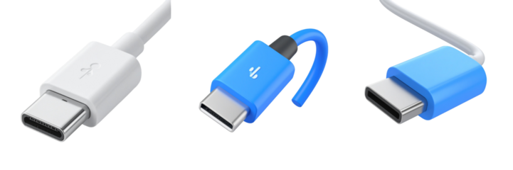 Three USB-C Cables Against Transparent Background White Blue Colors Digital Connections Technology