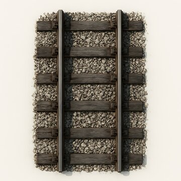 Overhead shot shows rustic railway tracks resting on stone ballast, conveying industrial theme.