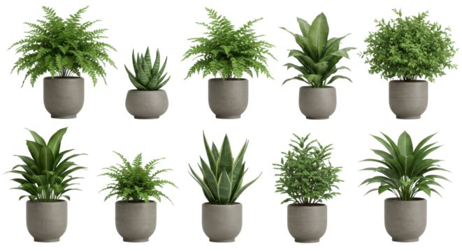 A collection of various indoor plants in modern pots isolated on white background arranged stylishly