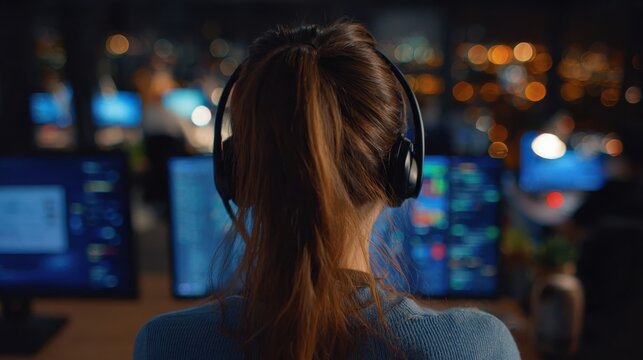 Woman with Headphones at Desk with Multiple Computer Screens