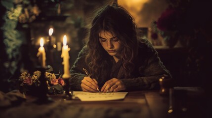 Naklejka premium Woman Writing at Table with Candles