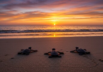 Three baby sea turtles crawl towards the ocean at sunset, symbolizing new beginnings and hope