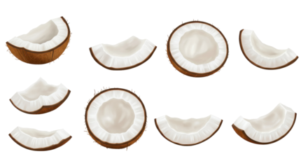 Fresh coconut halves arranged artistically showcasing the creamy interior isolated on white background