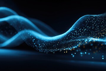 Abstract digital wave of blue and gold particles