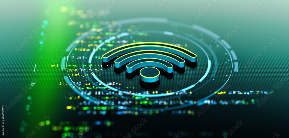 Aufkleber futuristic digital interface displays a glowing wireless signal with blurred data streams in the bac