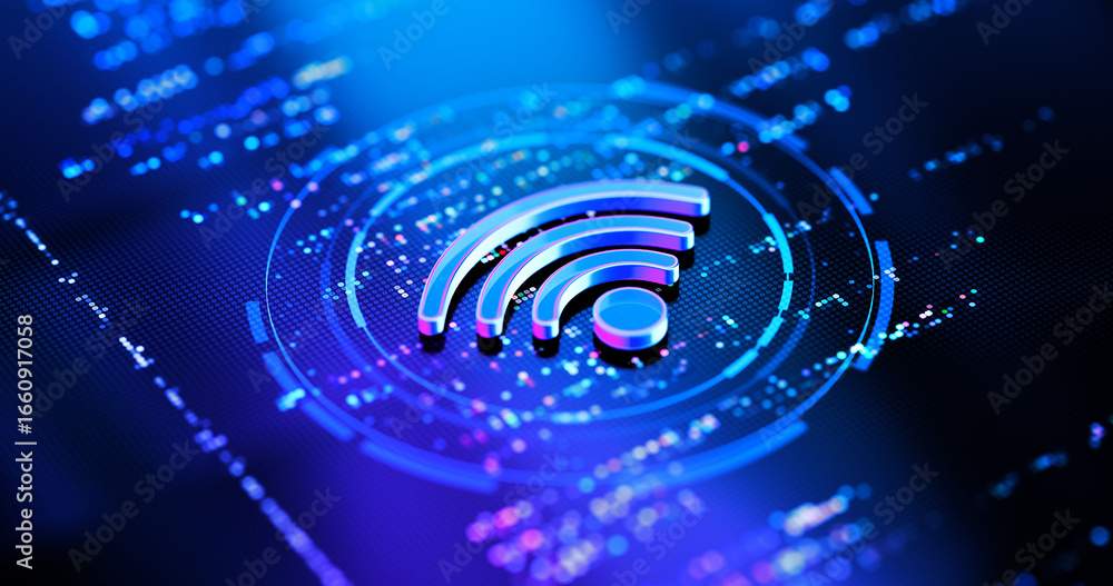Aufkleber futuristic glowing wi-fi symbol against a backdrop of digital data streams and bokeh lights