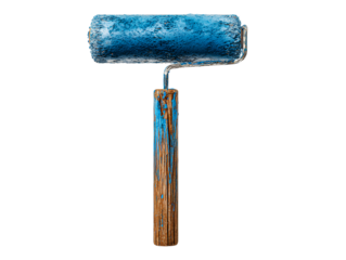 Used Blue Paint Roller with Visible Streaks of Wall Paint, Vertical Resting Position, Isolated on Transparent Background