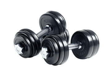 Three black dumbbells, isolated
