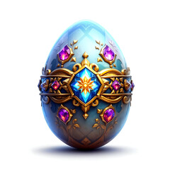 Ornate jeweled fantasy egg game asset, magical blue and gold Easter egg with precious gems and intricate design, 3D render for game development