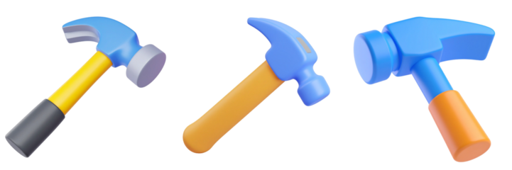 Three Stylized Hammers In Blue Yellow And Orange Colors Against Transparent Background