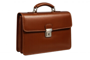 Classic brown leather briefcase with metal lock isolated on transparent background, perfect for business and professional settings