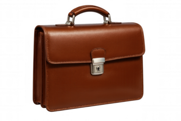 Classic brown leather briefcase with metal lock isolated on transparent background, perfect for business and professional settings