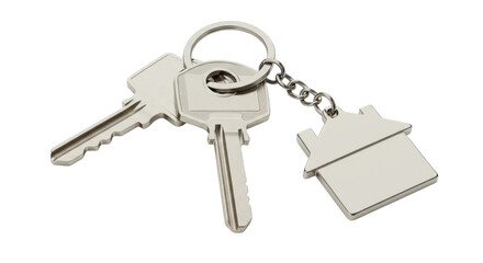 Silver keys on keychain isolated on white background house shaped tag symbolizing home ownership security