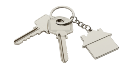 Silver keys on keychain isolated on white background house shaped tag symbolizing home ownership security