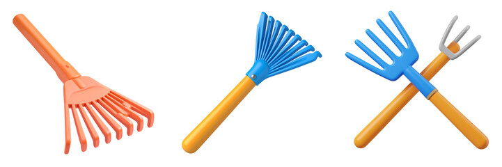 Three Colorful Garden Tools Arrangement Featuring Orange Blue and Yellow Rakes and Forks against a Transparent Background