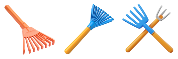 Three Colorful Garden Tools Arrangement Featuring Orange Blue and Yellow Rakes and Forks against a Transparent Background