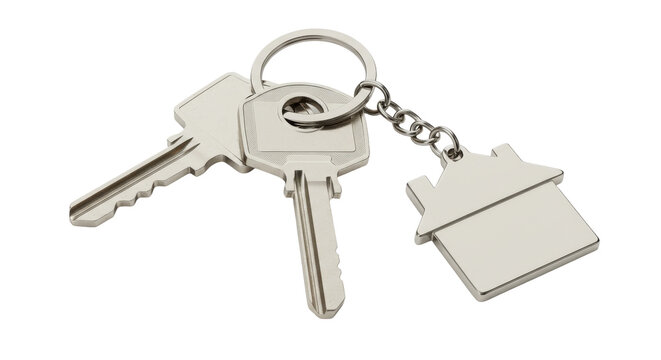 Silver keys on keychain isolated on white background house shaped tag symbolizing home ownership security