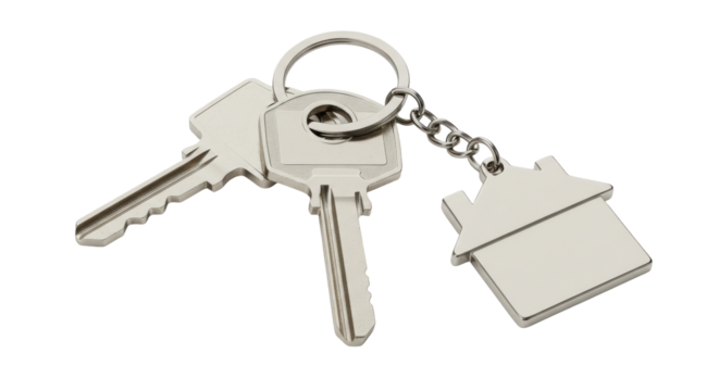 Silver keys on keychain isolated on white background house shaped tag symbolizing home ownership security