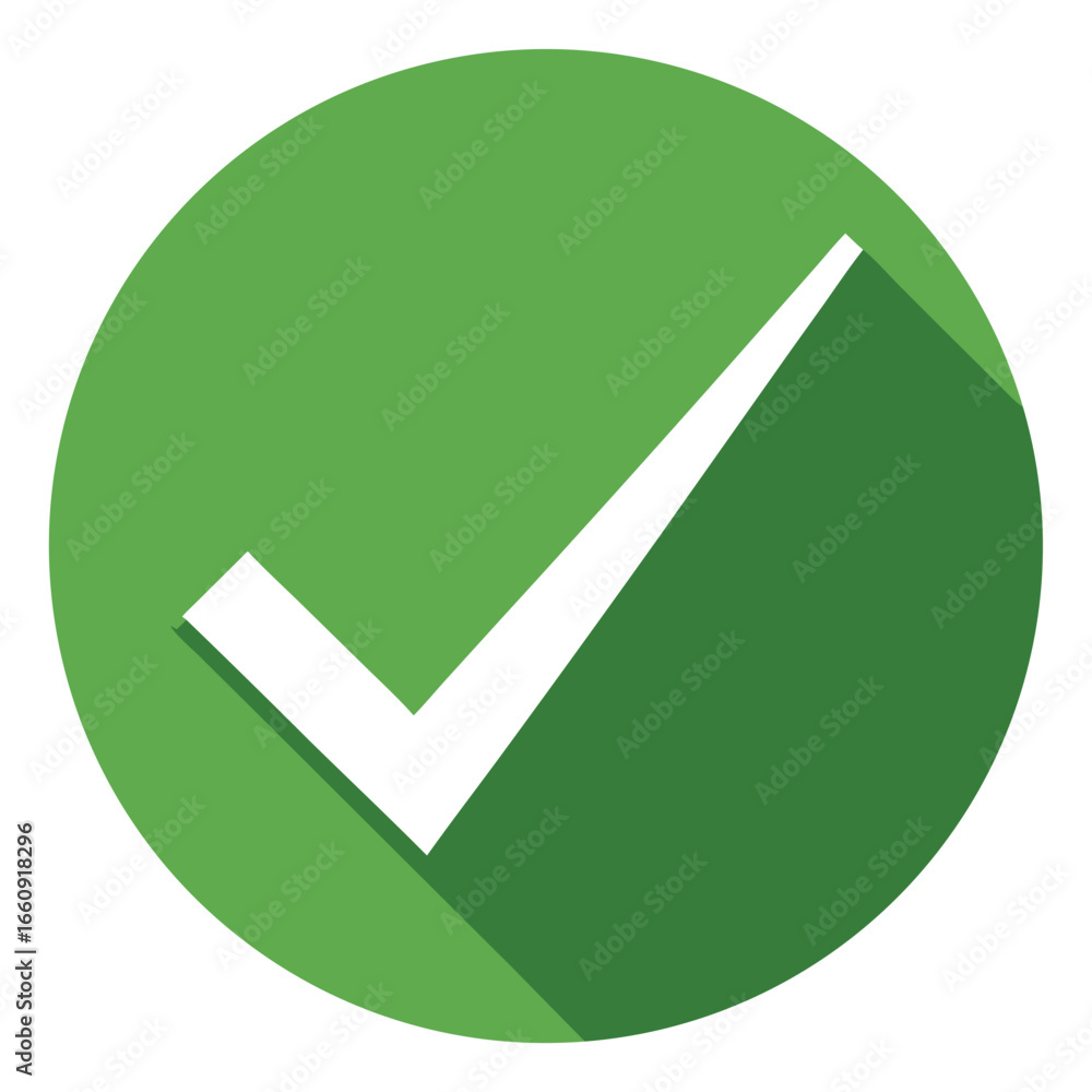 Poster white check mark with long shadow inside a green circle tick correct