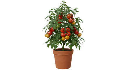 A vibrant tomato plant with ripe fruits in terracotta pot isolated on white background