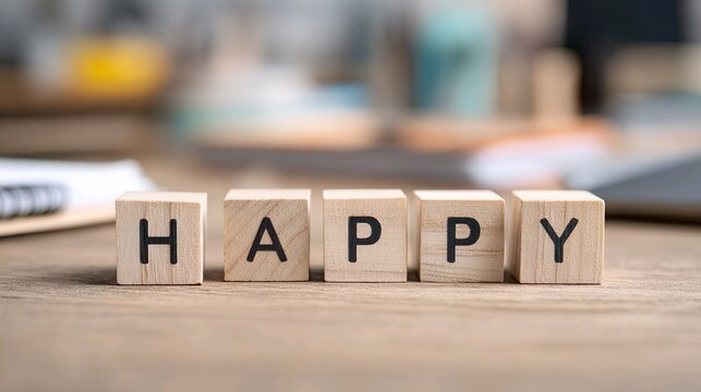 Happy word on wooden blocks concept positivity and joy