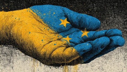 Naklejka premium Open hand, painted with yellow and blue, like a flag