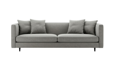 Modern gray sofa with plush cushions in a minimalist living room setting isolated on white background